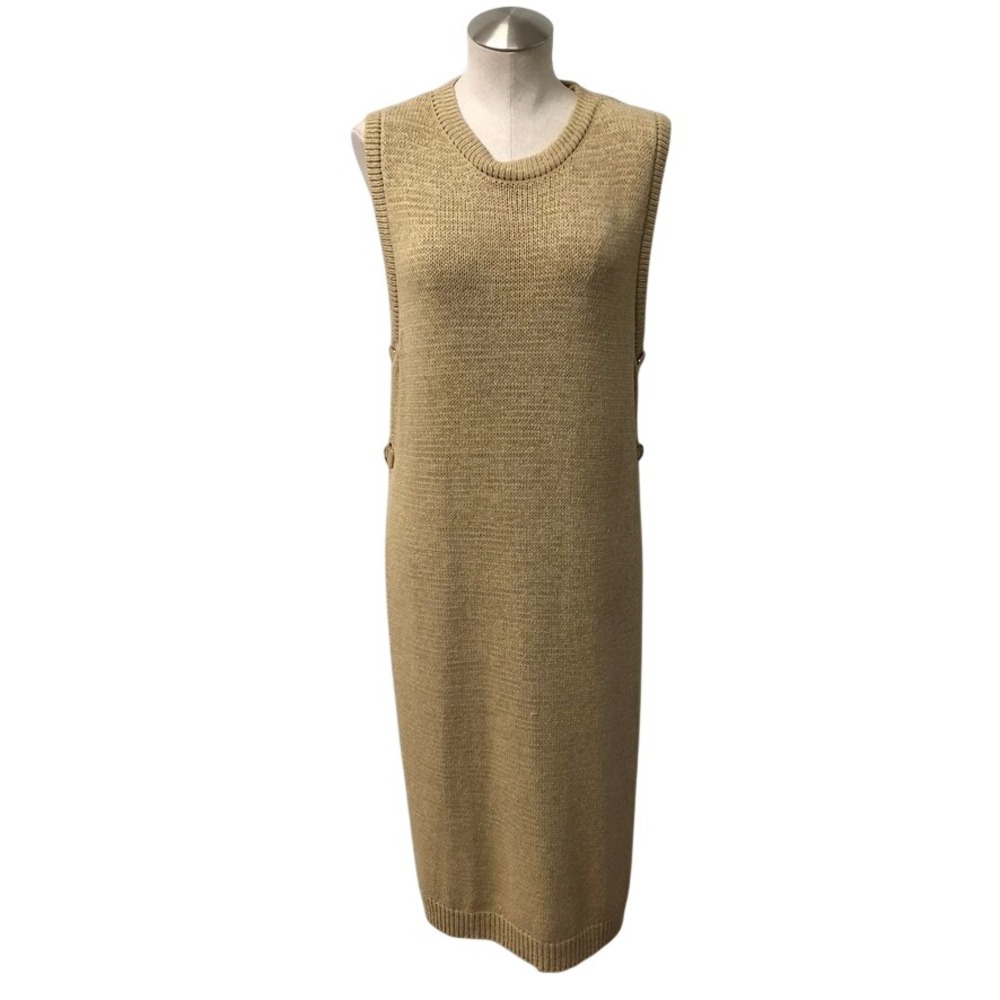 Flat White Knit Tunic Sweater Womens‎ Large Tan Side Button Sleeveless Crew Neck